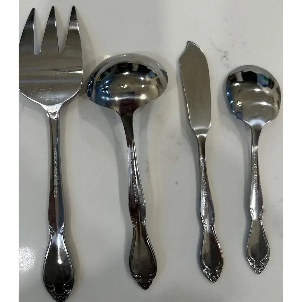 Vtg 4 Pc Serving Utensils “T” Monogram Custom Made Floral Stainless Flatware EUC